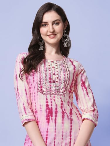 Image of MIRCHI FASHION Pure Cotton Women Straight Embellished Ajrakh Print Kurti Set with Dupatta and Pant