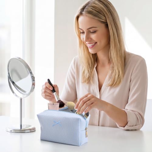 Sanwuta 8 Pcs Cozy Seersucker Cosmetic Bag Light Blue Stripe Makeup Bag Aesthetic Travel Zipper Cosmetic Pouch Large Cute Preppy Pouch for Spa Sleepover Birthday Party Galentines Day Bridesmaid Gift — view 5