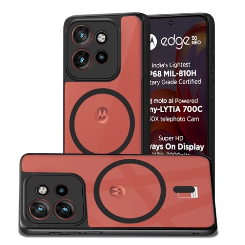 Image of AESTMO Moto Edge 50 Neo 5G Back Cover | 360 Protection | Crystal Clear Hard Back Transparent | Compatible with MagSafe Accessories (PC+TPU, Black Bumper)