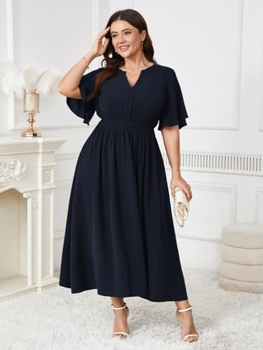 Image of Women's Plus Size Dress for Women Wedding Guest Cocktail Smocked Ruffle Short Sleeve V Neck Flowy Maxi Dresses