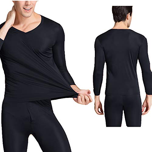 2Pcs Mens Pure Silk Winter Thermal Set Soft Underwear Base Longsleeve Johns Set Crew V Neck Silk Shirt+Pants2