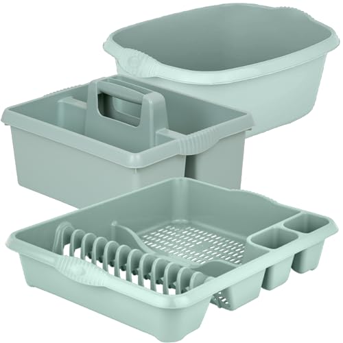 KetoPlastics Sage Green Kitchen Set - 3 Piece - 14L Rectangular Washing Up Bowl, Large Dish Drainer, Sink Organiser Tidy Caddy - Made in UK