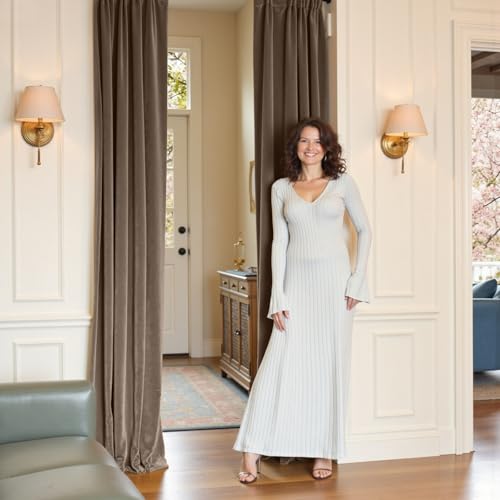 Image of Truffle Velvet Curtains Quiet Luxury Back Tab 52x90 Inch 2 Panels | Soft Velvet, Blackout, Lined, For Bedroom & Living Space, Light Shifting Texture, Elegant Drape, Rod Pocket, Luxury