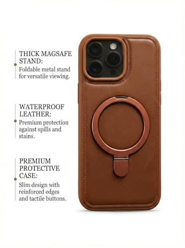 Image of DAVIK Luxury Magnetic Leather Case for iPhone Series - Waterproof Protective Cover, Heavy-Duty, Metal Kickstand, Ultra-Strong Magnet & Microfiber Vault Interior (Brown, iPhone 17)
