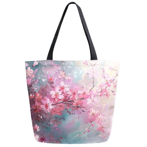 Chic Extra Large Shoulder Grocery Tote Bag, Painting Art Cherry Blossom Flowers Canvas Daily Handle Bag for Gym Yoga Weekender Beach Travel Picnic Kitchen Reusable Market Shopping