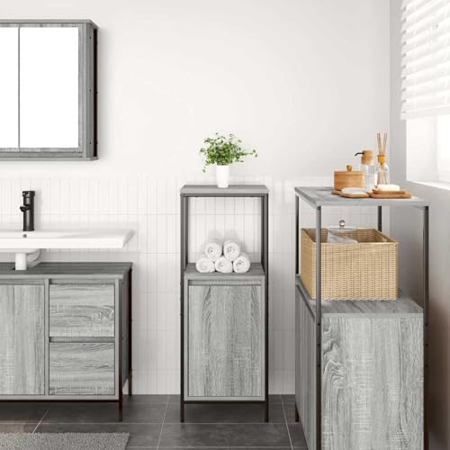ATOMSTACK MAKER Armoire de salle de bain avec 3 étagères, gris sonoma, 36 x 35 x 95 cm, matériau bois, montage mural, pieds réglables et ouverture de porte flexible (gauche/droite), charge maximale de