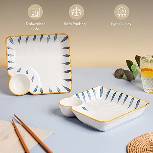 Image of Nestasia Set of 2 Ceramic Chip and Dip Snack Plate with Dip Section | Microwave & Dishwasher Safe Starter Plates | Perfect for Fries, Momos, Sushi, Kebab (White & Blue)