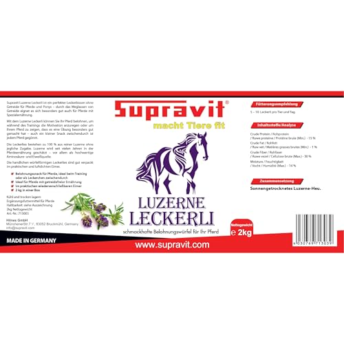 Supravit Luzerne Pferde Leckerlies 2kg – getreidefreie & zuckerfreie Pferdeleckerlis aus 100% Luzerne | natürliche Belohnungswürfel für Pferde & Ponys im wiederverschließbaren Eimer