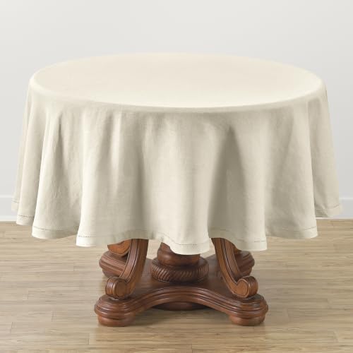 Solino Home 100% Pure Linen Ivory Round Tablecloth 60 in, Hemstitch