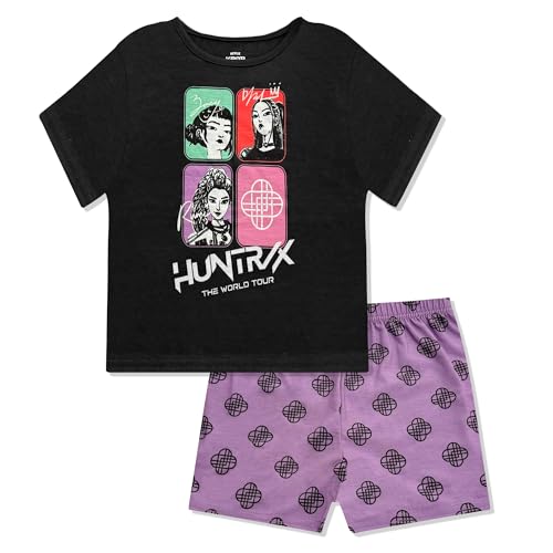 KPop Demon Hunters Girls Pajama Set - Kids 2 Piece Short Sleeve Top & Shorts Pajama Set - Soft Sleepwear - Official Product Purple Black
