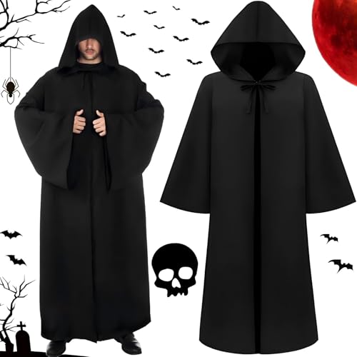 ZZQVIP Disfarce Halloween homem - capa preta com capuz, ideal para Halloween, festas de disfarces e cosplay, perfeitas como Scream disfarce ou disfarce de Halloween adulto, tamanho único 175-185 cm