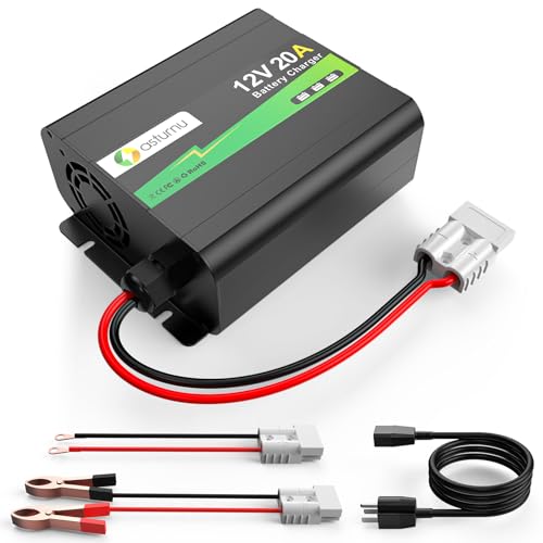 ASTURNU 12V 20A Lithium Battery Charger 14.6V LiFePO4 Battery Charger with Dual Connectors 0V Activation Smart Charger for Universal Battery Type of RV Marine Solar Off-Grid Home