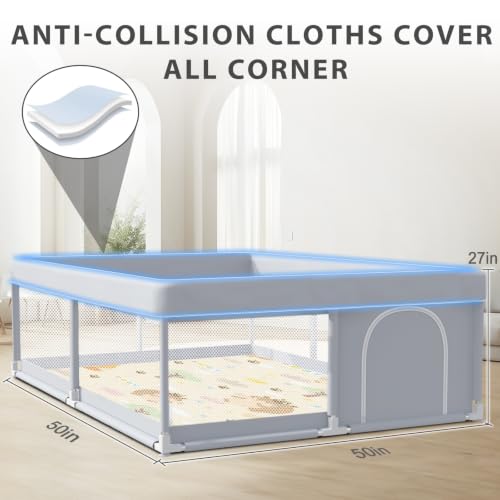 Image of XVISHX Baby Playpen with Mat, 50 x 50 Inch Play Pen Playards, Playpen for Babies and Toddlers, Baby Playard for Indoor & Outdoor Active Center Game Fence, Skin-Friendly Fabric and Soft Breathable Mesh