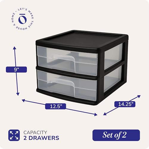 HOMZ 2-Pack 2-Drawer Storage Cart, Clear Plastic Drawers, 14.25\" Wide Medium, Black Frame - Organizing Drawer Containers for Home, Bathroom, Bedroom, Office, and Classroom
