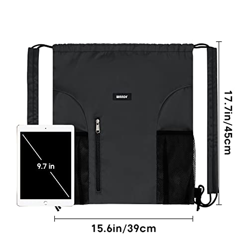 WANDF Drawstring Backpack with Shoulder Pad Sports Gym Backpack with Mesh Pocket String Bag for Women Men(Black)2