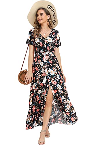 Image of VintageClothing Women's Floral Maxi Dresses Boho Button Up Split Summer Casual Long Dress Beach Party Dress