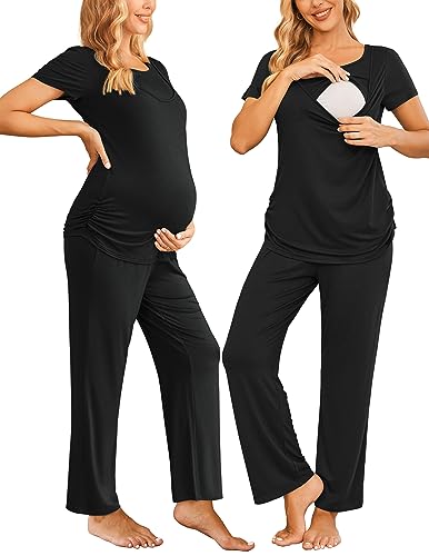 Image of Ekouaer Women Maternity Nursing Pajama Set Breastfeeding Sleepwear Set Short Sleeve Top & Pants Postpartum Pajamas