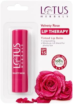 Lotus Herbals Lip Therapy Tinted Lip Balm - Velvety Rose | SPF 15 | Moisturises, Heals & Protects Lips | 4g