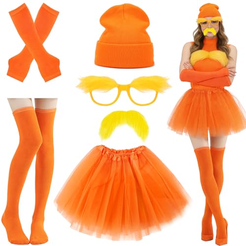 Athora 6PCS Orange Costume Set for Adults Women Carnival Outfits Set with Orange TuTu Skirt Gloves Socks Hat Glasses Mustache Carnival Costumes for Women for Christmas Party Cosplay