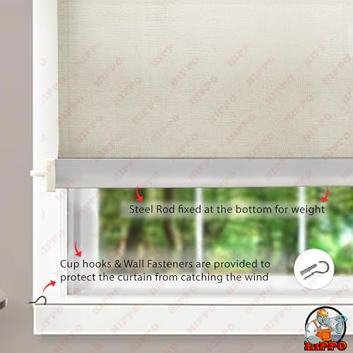 Image of HIPPO 180 GSM HDPE Outdoor Balcony Roller Blind, UV & Dust Protection Corded Roll Up and Down Light Filtering Blinds for Garden (Ivory, 4FTX5FT)