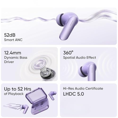 Image of for Buds Air 7 Compatible with Realme 12.4mm Dynamic Bass Drivers,52Hrs Playtime, 52dB Hybrid ANC, 45ms Low Latency, 360 Spatial Audio, Hi-Res LHDC, IP55 Dust & Water Resistant, BT v5.4-Purple