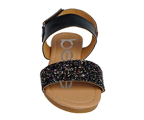 Image of bebe Girl's Sparkly and Strappy Glitter Leatherette Flat Sandals with Adjustable Strap (Toddler /Little Kid)