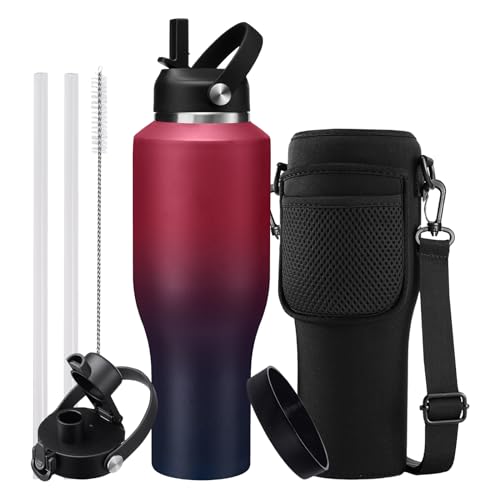 Image of 40 oz Insulated Water Bottle with Straw and Spout Lid, Stainless Steel Water Bottle Fits in Cup Holders, Double Wall Metal Flask Large Water Cup for Drive Trip Gym