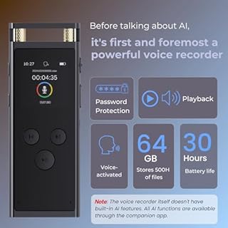 woeaozy Registratore Vocale AI con Attivazione Vocale - Trascrivi e Riassumi con Tecnologia AI, Supporta 102 Lingue, Controllo App, Registratore Audio Digitale per Riunioni, Lezioni (black)