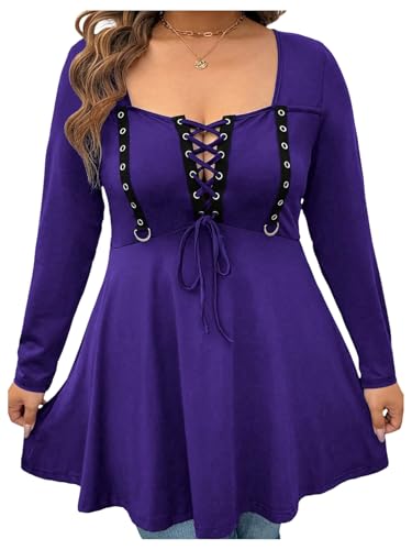 Image of SOLY HUX Women's Plus Size Peplum Tops Lace Up Square Neck Long Sleeve Ruffle Hem Tee Flowy Casual T Shirt