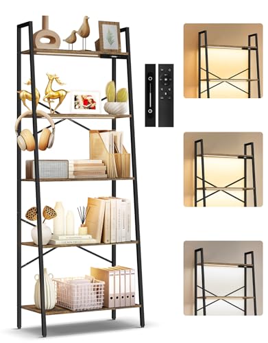 OUTONLIFE Estantería de Escalera Ancha de 5 Niveles con Luces LED, Control Táctil y Remoto, 3 Temperaturas de Color, Librería Esquinera Alta Regulable de Metal y Madera para Salón y Dormitorio