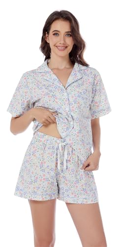 Image of LUBOT 100% Cotton Pajamas for Women 2 Piece PJ Set Poplin Woven Lightweight Ladies Button Short Sleeve Sleepwear S-XXL