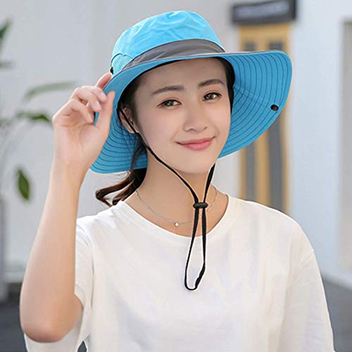 Womens Uv Protection Wide Brim Sun Hats - Cooling Mesh Ponytail Hole Cap Foldable Travel Outdoor Fishing Hat (Blue) #TOP1