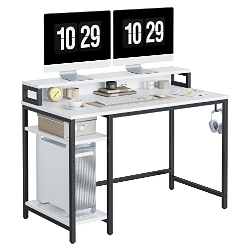 CubiCubi Schreibtisch mit 2 Regalen, 120x60cm Gaming Tisch mit Monitorständer, Wendbarer Computertisch für Home Office, Spielen, Studium, Weiß
