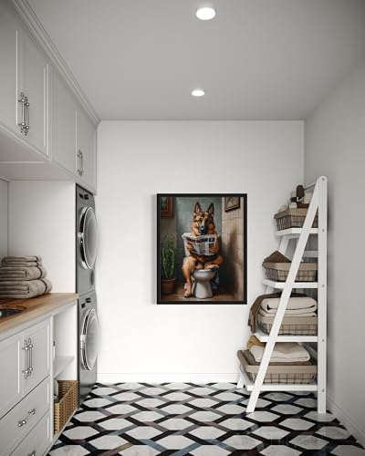Image of German Shepherd on Toilet Black Framed Wall Art Print Poster, Dog Bathroom Humor Decor Posters Prints for Restroom Home Picture Painting Artwork Gallery 7 (German Shepherd, 14 inchL x 11 inchW, Black Frame)
