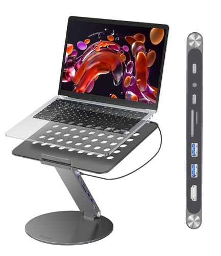 KU XIU Verstellbar Laptop Ständer mit 8-in-1 Dockingstation Aluminium Laptop Halterung mit USB HUB 360 Rrehbarer Basis Dual-Display 4K-HDMI USB3.0 PD100W für MacBook Pro Air/alle 10-17 Laptops