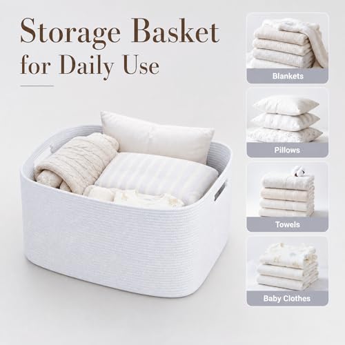 Image of Cotton Rope Laundry Basket Small, 12.8GAL Collapsible Woven Storage Baskets for Living Room Kids Toys Stuffed Animal,Boho Rectangular Decorative Short Hamper for Dirty Clothes, Blankets Pure White