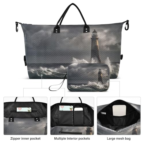 Large Travel Duffel Bag, Lighthouse Waves Dark Sport Tote Gym Bag, Shoulder Weekender Overnight Bag for Women Men, Carry On Luggage with Toiletry Bag2