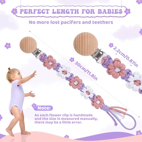 Image of Pacifier Clip for Boys Girls Floral Daisy Macrame Baby Paci Clip Pacifier Holder Leash Boho Wooden Clips Handmade Braided Cotton Binky Clips (2pack:Lavender Style x 2)