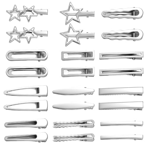 24 Stück Y2k Haarspange Silber Metall Haarspangen Damen Haarklammer Silber, Geometrische Metall Haarspangen Minimalistische Zierlich Stern Haarspangen Klein für Girls Damen Kopfbedeckungen, 12 Stilen