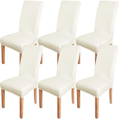 COOLBEBE Chair Covers for Dining Room Set of 6, Stretch Spandex Jacquard Parson Chair Seat Protector Slipcover Washable Removable for Kitchen, Hotel, Restaurant（Beige）