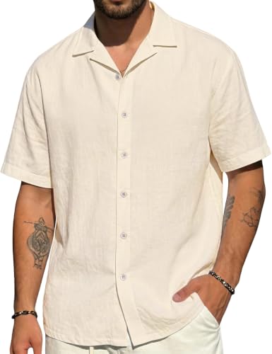 LINENNMAIN Mens Cotton Linen Shirt Casual Lightweight Button Down Shirt Short Sleeve Summer Beach Vacation Tops Beige