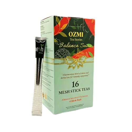 Image of OZMI Premium Green Tea & Herbal Tea Sampler Gift Set, 16 Mesh Stick Teas, 4 Flavors, Classic Green Tea, Sage, Peppermint & Green Tea with Mango, No Teapot Required