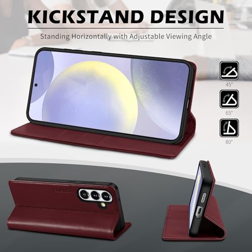 SHIELDON Case for Galaxy S25 5G 6.2", Genuine Leather Wallet Flip Magnetic Cover RFID Blocking Credit Card Slot Kickstand Shockproof Protective Case Compatible with Galaxy S25 2025 - Nappa Wine Red - Thumbnail 5