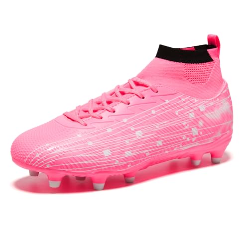 Klenvirola Men and Women Soccer Cleats High Top Football Boots Lightweight Lace Up with Grip Studs for Training and Matches Pink/White