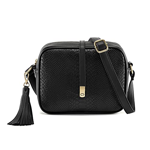 Faletony Bolsos cruzados de cuero para mujer, bolso de hombro de piel de serpiente, bolso cruzado con borla, Black Cover