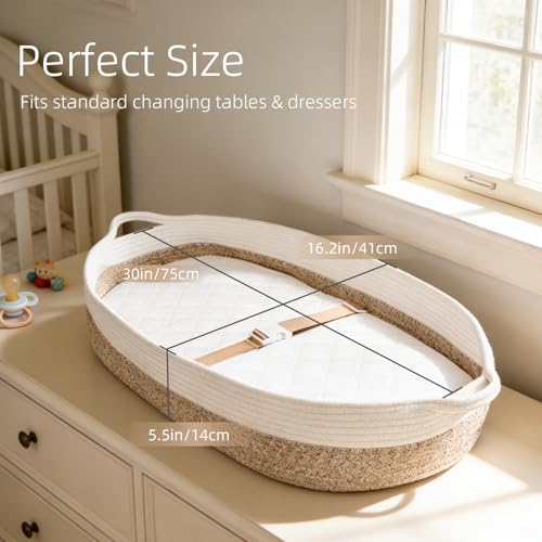 JVEOO Baby Changing Basket with Diaper Changing Pad, Breathable & Waterproof Dual-Cover Foldable Portable Travel Cotton Rope Baby Changing Mat for Dresser & Table Gift for Baby Shower