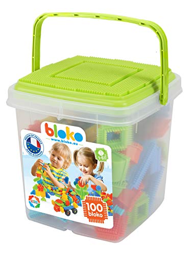 BLOKO – Baril de Rangement de 100 avec 1 Plaque de Jeu (Vert) – Dès 12 Mois – Fabriqué en Europe – Jouet de Construction 1er âge – 503553