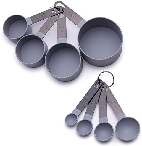 Country Kitchen 8 Piece Nylon Measuring Cups and Measuring Spoon Set with Black Gun Metal Handles for Liquids and Solids (Grey)
