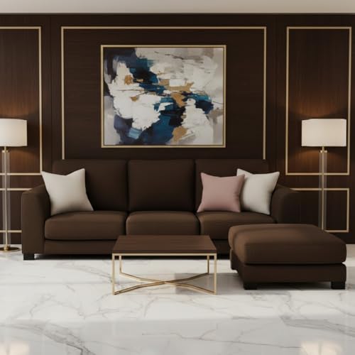 Image of FURNY Revona 4 Seater L Shape Sofa Set with Movable Ottoman | Flexible Left or Right Layout | Plush Velvet Fabric (Dark Brown) | Perfect for Living Room, Guest Room & Office