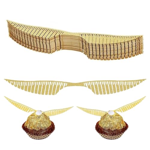 Heyumybit 50 Pcs Gold Glitter Wings Chocolate Decoration Golden Wings Cupcake Toppers with 50 Pcs Glue Points Wizard Party Chocolate Decoration for Other Anniversary Birthday Parties